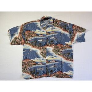 Monzini Collection Mens Blue Tropical Island Ship Print Rayon Hawaiian Shirt L